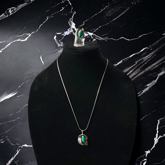 Robert Deutsawe Zuni Sterling Silver Turquoise Pendant Necklace & Cocktail Ring - Picture 2 of 16